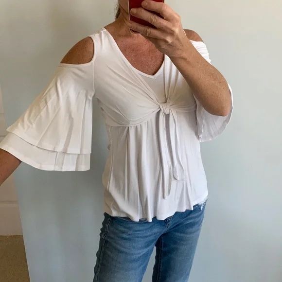 White Cold Shoulder Tie Front Top - Picture 4 of 14